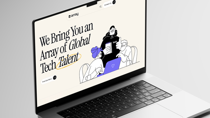 Array Talent: We created the logo and website for Array, a recruitment company that builds world-class tech teams in AI, ML, and software engineering. The brand identity reflects the idea of an “array of talent” — a diverse, organized group of people — with a clean, modern website that communicates professionalism and trust.