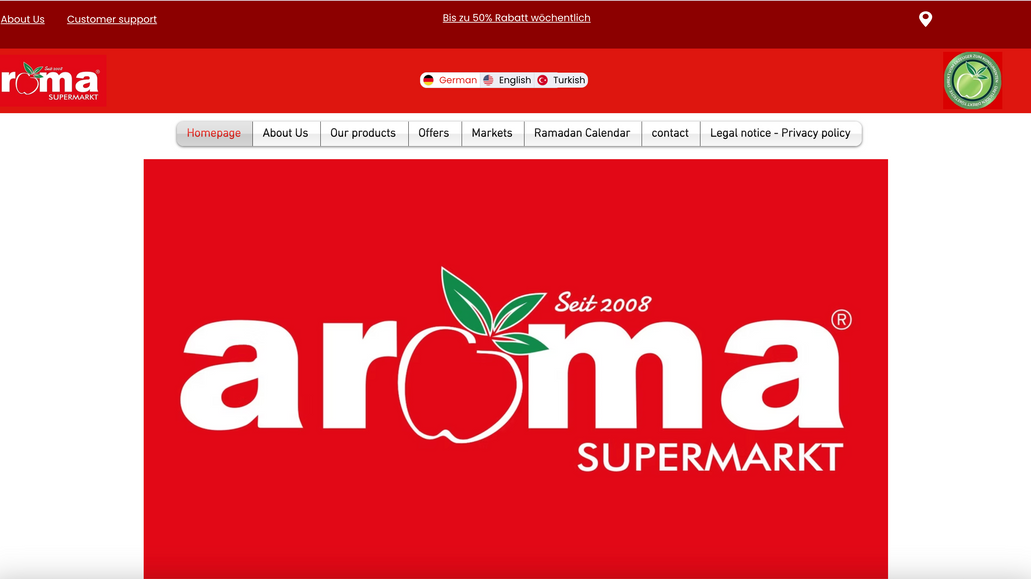 Aroma Supermarkt - Multi-Location Turkish Grocery Retail Website (Germany): Aroma Supermarkt is an established Turkish grocery retail chain based in Weinheim, Germany, operating multiple physical locations including a flagship store, a franchise branch in Bensheim, and a central warehouse facility - serving the Turkish and Middle Eastern community across the Baden-Württemberg region.

This is a fully German-language Wix website built for a brick-and-mortar retail brand operating in the European market, combining digital presence, customer engagement, and multi-location business management in a single Wix build.

The project required a significantly more complex structure than a standard retail website. Key challenges included presenting a multi-location supermarket group with separate branch information, directions, and contact details for each site, managing a weekly rotating promotions and deals system that needs to be updated regularly to reflect current in-store offers, building a Ramadan calendar and seasonal campaign section for culturally relevant promotions, showcasing a large brand partner catalogue featuring over 25 Turkish and international food brands, integrating WhatsApp as a direct customer communication channel alongside traditional contact forms, and connecting to a third-party mobile app (available on iOS and Google Play) for push notifications and weekly deal alerts.

The site also includes a newsletter and WhatsApp broadcast subscription system to keep customers informed of weekly deals and seasonal campaigns, product category navigation covering vegetables, poultry, bakery, fruit, dairy, meat, fish, drinks, household goods, and confectionery, a halal meat section with dedicated content around sourcing and certification standards, and full German-language compliance pages including Impressum and Datenschutz (privacy policy) as required under German law.

The result is a professional, content-rich Wix website that serves as the digital hub for a growing multi-location retail group in Germany — demonstrating Featdoor Digital's ability to deliver market-specific Wix builds for European clients with complex operational and legal requirements.

Services used: Advanced Website Design, Mobile Website, Store Optimisation, Site Updates