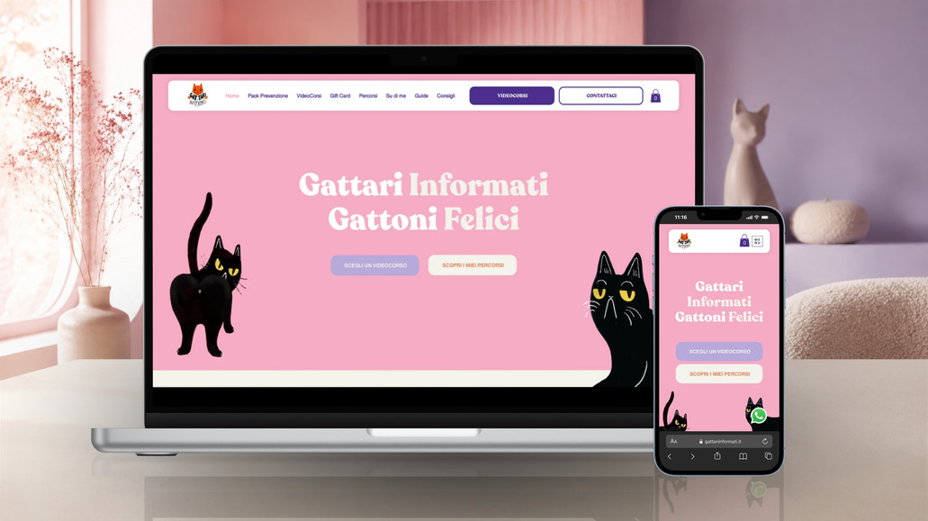 Gattari Informati: Per Gattari Informati abbiamo realizzato un e-commerce dal carattere riconoscibile, capace di tradurre l’approccio professionale e divulgativo del brand in un’esperienza digitale chiara e coinvolgente. L’identità illustrata e la palette rosa e viola accompagnano l’utente tra videocorsi, guide, pack prevenzione e percorsi personalizzati.

Dal punto di vista commerciale, il progetto organizza diversi livelli di offerta e guida l’utente verso l’acquisto o la prenotazione attraverso call to action strategiche, pagine prodotto immediate e percorsi intuitivi. L’obiettivo è trasformare il traffico e la community in vendite, lead qualificati e relazioni continuative.