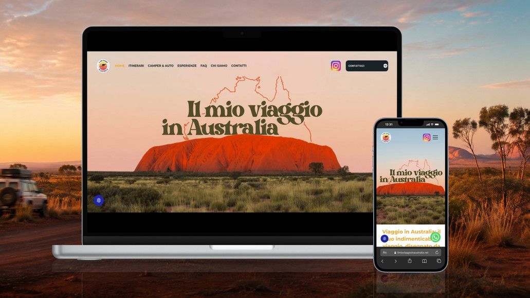 ViaggioInAustralia: Per Il Mio Viaggio in Australia abbiamo realizzato un sito immersivo e responsive, pensato per raccontare itinerari su misura, viaggi in camper e van ed esperienze autentiche sul territorio. L’identità visiva trasmette avventura, libertà e conoscenza diretta della destinazione.

Il percorso commerciale accompagna l’utente dall’ispirazione alla richiesta di un itinerario personalizzato. Contenuti SEO, tour, FAQ e form di contatto aiutano a intercettare viaggiatori motivati e trasformarli in richieste qualificate.