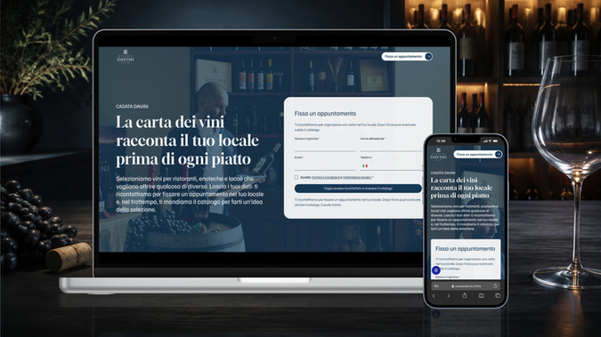 Casata Davini: Per Casata Davini abbiamo realizzato una landing page B2B rivolta a ristoranti, enoteche e locali, pensata per presentare una selezione di vini costruita intorno al menù, alla clientela e al posizionamento di ogni attività.

Il sistema commerciale combina richiesta di appuntamento, acquisizione del contatto e accesso al catalogo. Il form consente di qualificare il potenziale cliente e trasformare la visita online in un incontro diretto con la rete commerciale.