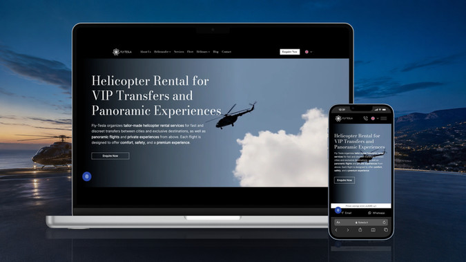Fly Tesla: Per Fly Tesla abbiamo sviluppato un sito premium dedicato al noleggio di elicotteri, ai trasferimenti VIP e alle esperienze panoramiche private. Il design combina eleganza, essenzialità e immagini cinematografiche per comunicare comfort, riservatezza e personalizzazione.

La struttura conduce rapidamente alla richiesta di volo, valorizzando servizi, destinazioni, tour e assistenza concierge. Le pagine verticali e i contenuti SEO permettono di intercettare una clientela ad alto valore e generare richieste commerciali dettagliate.