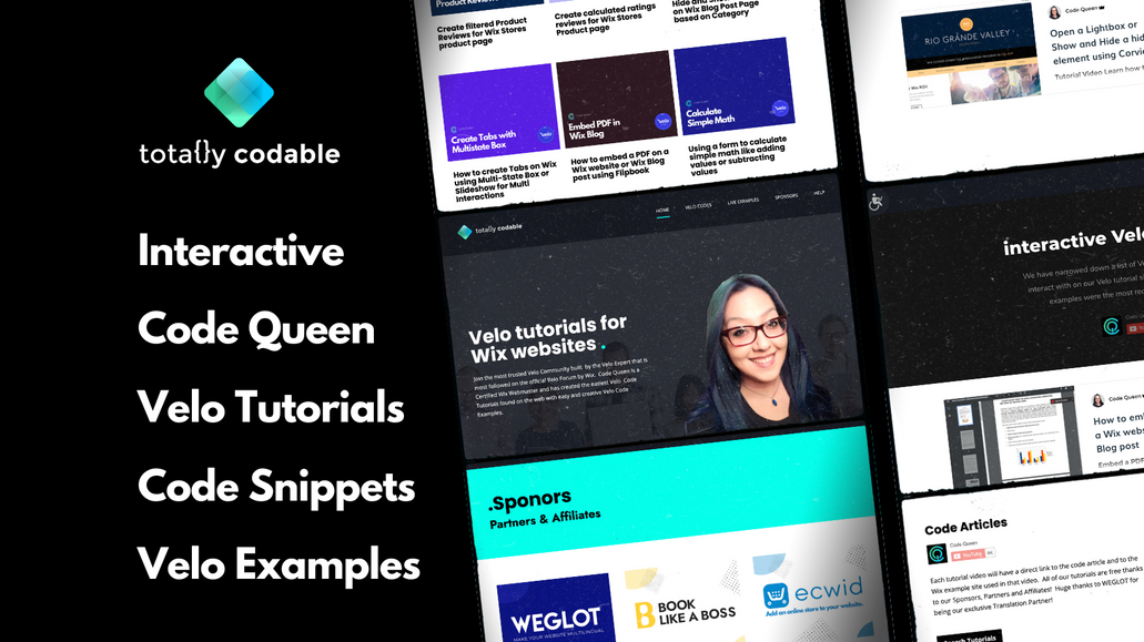 Totally Codable: Interactive Velo tutorial examples with code snippets. Official Code Queen website.