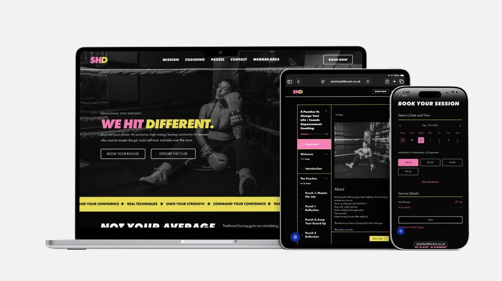 She Hits Different: We partnered with She Hits Different to architect a bold, high-converting brand and digital presence that commands attention. Designed to break away from generic industry noise, the bespoke website showcases her core offerings, elevates her visual authority, and streamlines the client journey from initial scroll to booking. 

Alongside the digital build, we crafted sleek marketing assets and supported with aligned social media direction to ensure a magnetic, unified brand presence across every platform. 

The result? A fearless, unapologetic brand experience that hits completely different.

The strategy for She Hits Different was centred on positioning, impact, and seamless functionality. We translated her unique brand energy into a high-end digital identity, blending striking visual hierarchy with intuitive user pathways. Every element was intentionally designed to capture attention, build instant credibility, and reflect the true value of her work.

The website serves as her central command centre, a sleek, modern space built to educate, inspire, and convert. Designed with friction-free navigation, it effortlessly guides visitors through her offer suite directly into her booking and inquiry system, eliminating barriers and maximising conversions.

We also engineered the backend for scalable growth, setting up integrated lead-capture systems and automated touchpoints. This foundation positions She Hits Different to capture high-intent leads, cultivate an engaged community, and scale her brand authority with precision and long-term momentum.
