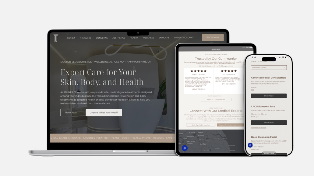 JEUNEA: We partnered with JEUNEA (formerly known as Luxe Skin Lab) to oversee a full brand evolution and digital infrastructure build for their luxury medical aesthetic clinic. 

To support their expanding practice, we architected a multi-location, multi-practitioner digital ecosystem on Wix Studio, seamlessly integrating an advanced booking suite alongside a high-converting e-commerce shop. The bespoke site elevates JEUNEA’s visual identity, showcases their clinical expertise, and delivers an effortless, high-touch booking experience across all clinic locations. 

The result? A sophisticated, medical-grade brand presence that feels sleek, authoritative, and effortlessly premium.

The strategy for JEUNEA was centred on scalability, clinical trust, and operational efficiency across multiple touchpoints. Transitioning from Luxe Skin Lab into a refined new identity required a complete digital transformation that honoured their established client base while positioning the brand for future growth.

The website serves as a central digital headquarters for their multi-staff team across different locations. Built using Wix Bookings, the site seamlessly routes clients to the correct practitioner, service, and clinic site without friction, ensuring optimal schedule management behind the scenes. In parallel, we developed an integrated Wix Store to drive retail revenue, allowing clients to purchase prescribed medical-grade skincare, gift vouchers, and homecare protocols directly.

We also engineered the backend for seamless client onboarding and compliance, incorporating automated booking confirmations, pre-treatment instructions, and digital consent flows. 

This foundation empowers JEUNEA to streamline clinic operations, boost client retention, and scale their multi-location medical aesthetic practice with absolute confidence.