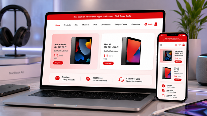 1clickcrazydeals: This online store was built from scratch, with complete setup handled end-to-end. From product listings to payment integration and SEO, everything was fully managed. The store was designed to sell electronics like laptops, MacBooks, and iPads, delivering a smooth and high-performing eCommerce experience.