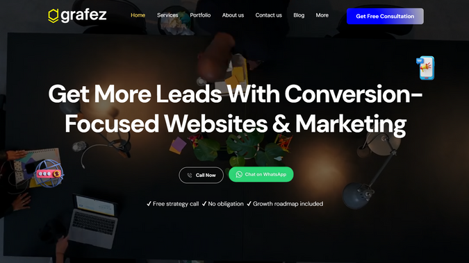 Grafez.com: Grafez.com was designed and developed by our in-house team to showcase our expertise in web design, branding, and digital marketing. The website reflects our commitment to creating high-converting digital experiences through modern design, strategic content, seamless user experience, and performance-focused development.
