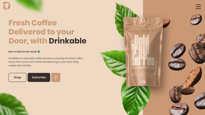 Drinkable Coffee: A coffee brand e-commerce website with immersive scroll effects and interactions. Branding & packaging design included.