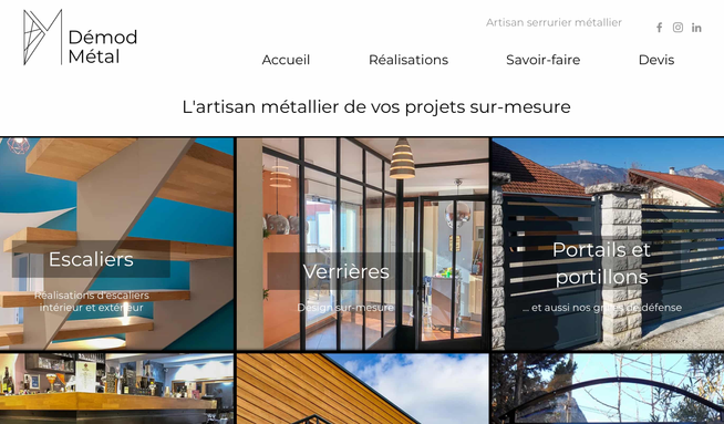 Démod Métal : Démod Métal est spécialisée dans la fabrication sur mesure de pièces métalliques. Cette entreprise Domenoise a fait appel à 24-7 pour migrer son ancien site web WordPress vers le CMS Wix. Cette refonte a permis d'offrir une expérience utilisateur plus simple et intuitive mais également de faciliter la gestion du site internet.