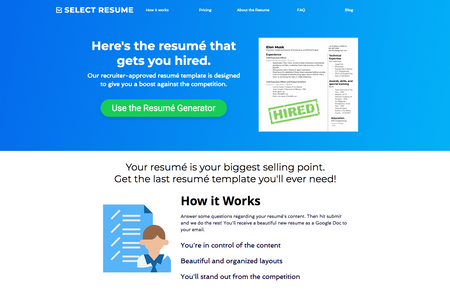 Select Resume: SelectResume.com is a starter website that helps people organize their resume in a recruiter-approved template.

eBiz Select's software development team created their resume template generator while the design team built their website, branding, and custom graphics.