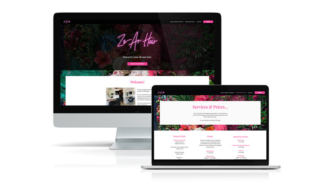 Zo-Ar Hair: When I connected with Steph at Zo-Ar Hair in Miramar, Wellington  she had a website that was underperforming, and a brand identity that was outdated and confused (two completely different styles).  So, we revitalised the brand drawing inspiration from a neon sign already installed at the salon, introduced consistency through colour, typography and a singular brand image. 
Her new website is live and will allow her clients to identify her salon through consistent branding.
In keeping with the new look we also recreated her appointment cards and designed new gift vouchers too that will look soooo good when printed! 