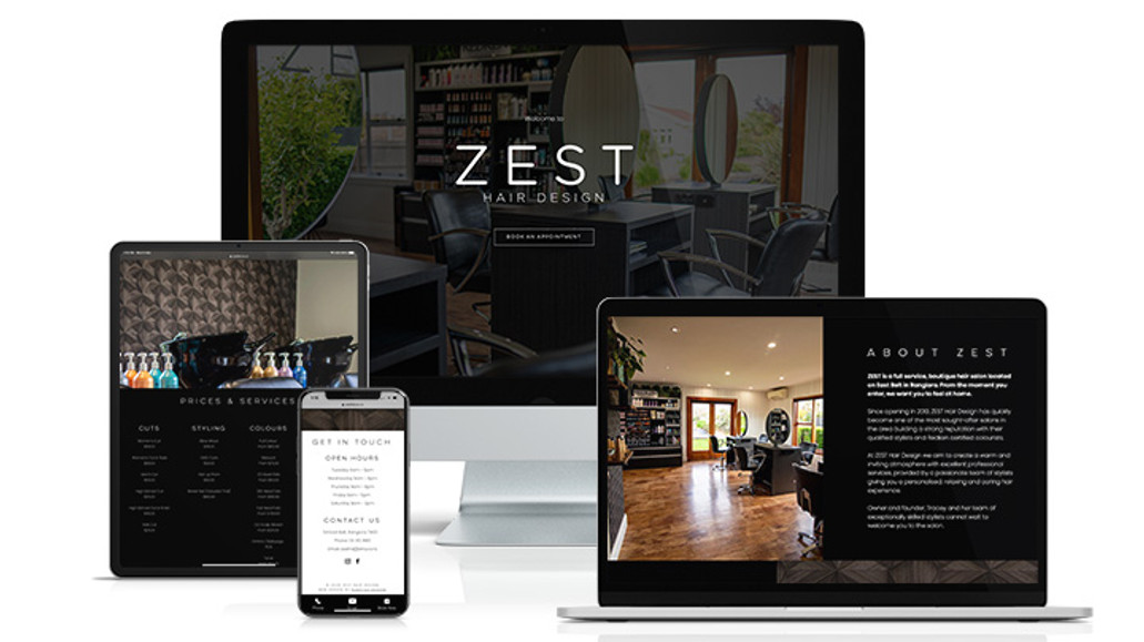 ZEST Hair Design: ZEST Hair Design is a boutique hair salon in Rangiora, North Canterbury. Having originally designed their site in 2017, 2020 was time for an update. So, with some fantastic photography I created a simple, one-page scrolling site to fit their needs and aesthetic.