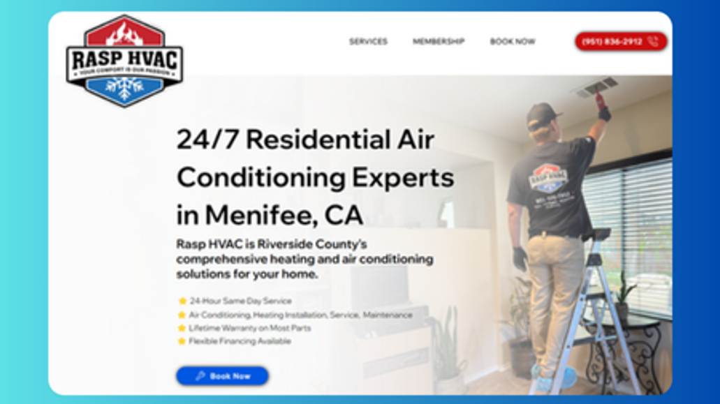Home Services | Contractor | HVAC: The design for RASP HVAC's website emphasizes user-friendly navigation and a modern aesthetic to showcase their heating and air conditioning services. Key features include a streamlined booking system, client testimonials, and detailed information on emergency services, installations, and maintenance. Enhanced with vibrant visuals, the site is optimized for search engines to attract homeowners in need of HVAC solutions.

HVAC website design, home services marketing, user-friendly web design, Wix designer for HVAC businesses, SEO for home service websites, professional web design services.