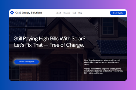 Home Services | Solar & Energy: For CMS Energy Solutions—a Texas nonprofit that fixes underperforming solar systems—we rebuilt their entire web presence in Wix Studio. The new site guides homeowners from problem to solution with a clear sales funnel, interactive quote wizard, and trust-building copy that explains free diagnostics, battery backups, and HVAC bundles. We integrated a full CMS for blogs and case studies, tuned every page for mobile speed and Core Web Vitals, and executed a technical and local SEO overhaul with schema, keyword mapping, and citation cleanup. The project also included a Google Business Profile refresh and a launch-ready Google Ads search and remarketing setup with conversion tracking. The result is a single, conversion-focused platform that turns curious Texans into satisfied solar customers while amplifying CMS’s mission.