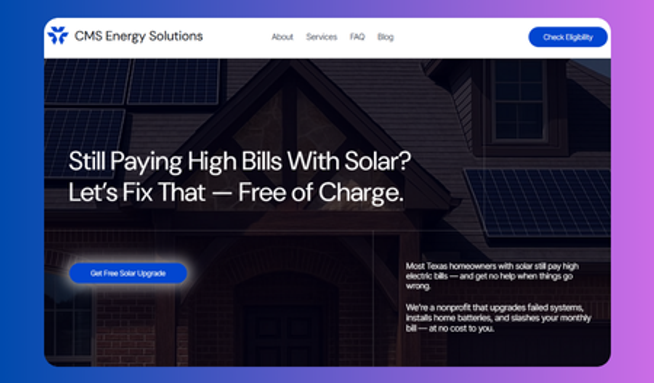 Home Services | Solar & Energy: For CMS Energy Solutions—a Texas nonprofit that fixes underperforming solar systems—we rebuilt their entire web presence in Wix Studio. The new site guides homeowners from problem to solution with a clear sales funnel, interactive quote wizard, and trust-building copy that explains free diagnostics, battery backups, and HVAC bundles. We integrated a full CMS for blogs and case studies, tuned every page for mobile speed and Core Web Vitals, and executed a technical and local SEO overhaul with schema, keyword mapping, and citation cleanup. The project also included a Google Business Profile refresh and a launch-ready Google Ads search and remarketing setup with conversion tracking. The result is a single, conversion-focused platform that turns curious Texans into satisfied solar customers while amplifying CMS’s mission.