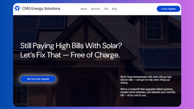 Home Services | Solar & Energy: For CMS Energy Solutions—a Texas nonprofit that fixes underperforming solar systems—we rebuilt their entire web presence in Wix Studio. The new site guides homeowners from problem to solution with a clear sales funnel, interactive quote wizard, and trust-building copy that explains free diagnostics, battery backups, and HVAC bundles. We integrated a full CMS for blogs and case studies, tuned every page for mobile speed and Core Web Vitals, and executed a technical and local SEO overhaul with schema, keyword mapping, and citation cleanup. The project also included a Google Business Profile refresh and a launch-ready Google Ads search and remarketing setup with conversion tracking. The result is a single, conversion-focused platform that turns curious Texans into satisfied solar customers while amplifying CMS’s mission.