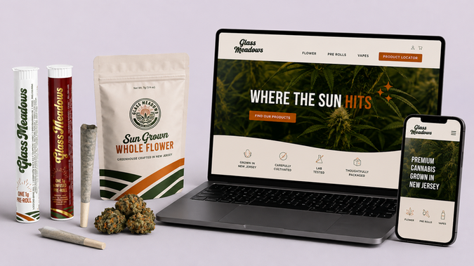 Advanced Website & Brand Development – Glass Meadows: Cannabis brand development and advanced website design featuring custom product visuals, packaging, responsive layouts, and a cohesive retail identity.