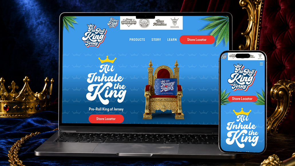 Advanced Website Design – Pre-Roll King of Jersey: Bold, custom website design for a cannabis pre-roll brand featuring product-focused visuals, responsive design, and an interactive store locator experience.
