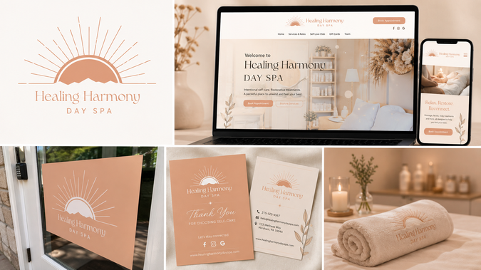 Website Redesign & Brand Development – Healing Harmony Day Spa: Website redesign and brand development for a wellness and day spa, creating a warm, elevated visual identity across web and branded materials.