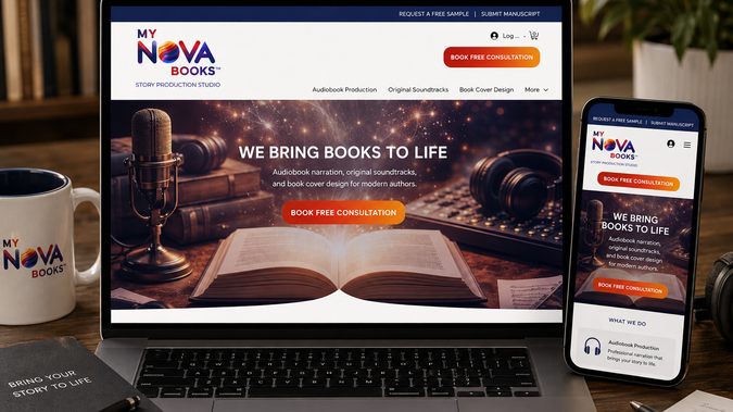 Website Redesign – My Nova Books: Website redesign for an audiobook and story production studio, creating a cinematic digital experience highlighting narration, soundtracks, and book cover services.