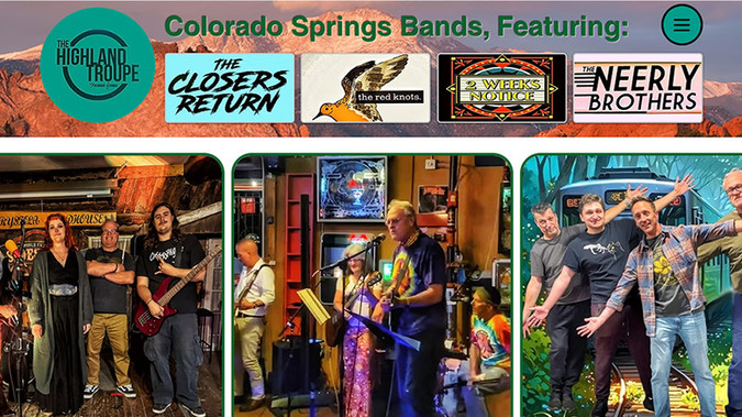 The Highland Troupe: Replacement website for a music agent with four bands. The client wants to maintain it themselves, but the audio files, events, and band photos need frequent updates. Also, all events needed to be on the home page and separated by band on the band pages. Therefore, we built databases for the image galleries, events, and audio tracks. The databases are connected to the individual pages. The client can easily edit the databases and keep the site current.