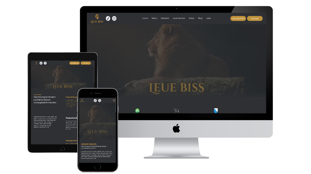 LeueBiss GmbH: Für LeueBiss wurde eine moderne, mobiloptimierte Website auf Basis von Wix erstellt. Sie umfasst Seiten für Speisekarte, Standorte, Catering, Team, Bewertungen und Bewerbungen. Zusätzlich wurden SEO-Texte, ein CMS für Standort-Updates, ein Bewertungsformular und DNS-Anpassungen zur Domainintegration umgesetzt. Design und Struktur wurden auf Foodtruck-Branding und Eigenpflege ausgerichtet.