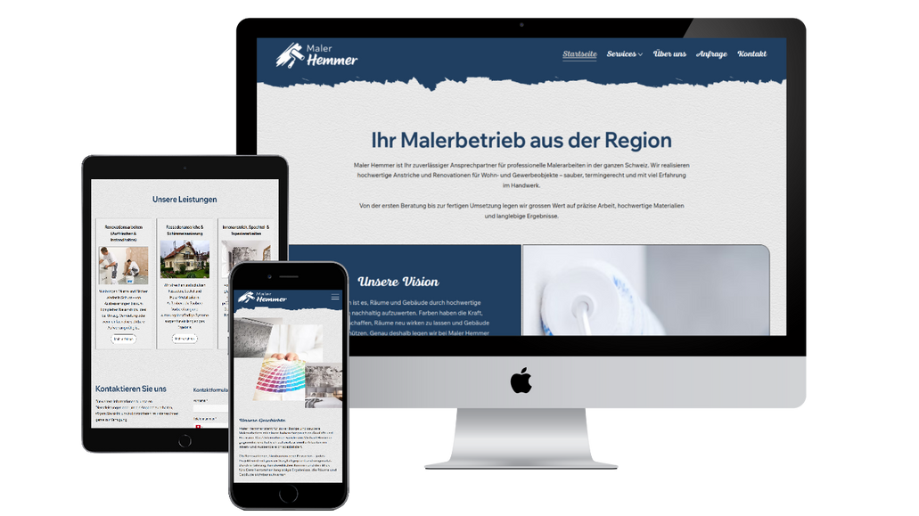 MalerHemmer: Für Maler Hemmer wurde eine moderne Website erstellt, die die Dienstleistungen übersichtlich darstellt und gezielt neue Kundenanfragen generiert. Der Fokus lag auf klarem Design, Benutzerfreundlichkeit und einer SEO-optimierten Struktur.