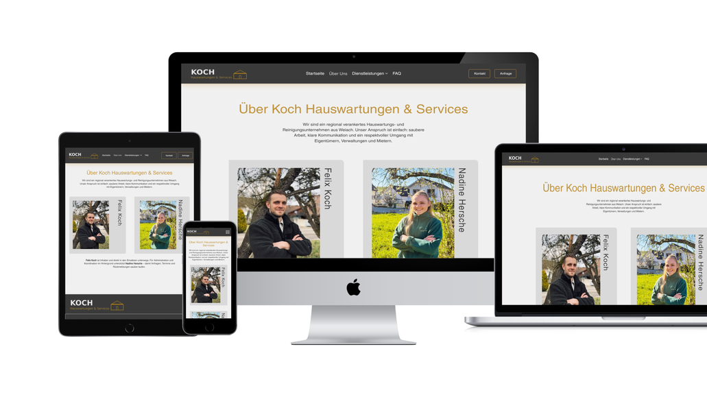 Koch-Haushaltungen: Koch Hauswartungen & Services – Professioneller Webauftritt für lokale SichtbarkeitFür Koch Hauswartungen & Services aus Weiach haben wir eine moderne, mehrseitige Website mit Wix Studio umgesetzt – massgeschneidert auf die Bedürfnisse eines regional verankerten Hauswartungsbetriebs. Im Fokus stand die lokale Sichtbarkeit: Die Website wurde von Grund auf SEO-optimiert aufgebaut, damit potenzielle Kunden aus Weiach und der Region Zürich das Unternehmen bei Google direkt finden – sei es bei Suchen wie "Hauswartung Weiach" oder "Liegenschaftsservice Bezirk Dielsdorf". Klare Strukturen, eine übersichtliche Darstellung der Dienstleistungen und ein schlankes Design sorgen dafür, dass sich Liegenschaftsverwaltungen und Gewerbekunden auf den ersten Blick zurechtfinden. Dank vollständiger Mobiloptimierung und schneller Ladezeiten überzeugt die Seite auch auf dem Smartphone – genau dort, wo viele Kunden heute ihren Hauswart suchen.
