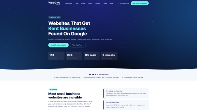WebOws Design: WebOws Design – Web Design, Branding & SEO Studio | Kent, UK

WebOws Design is a Medway-based studio building custom websites and search strategies for businesses across Kent and beyond. Founded in Gillingham in 2018 and a certified Wix Legend Partner with 143 five-star reviews across Google and the Wix Marketplace, the studio has delivered over 200 projects, from local trades and independent venues to London PR agencies and international e-commerce brands, with a deliberate focus on websites that get found on Google rather than simply looking the part.

What we did:

We designed and built a fully custom, blazing-fast website on Wix Headless, decoupling the content layer from a bespoke front end for complete control over performance and search. The site features a full Kent location network of twenty individually written town pages served from the CMS, a three-tier mega menu grouping every area by region, and a suite of five free interactive tools including an SEO and AEO audit scorer, schema generator, title and meta checker, competitor comparison and keyword ideas engine. Structured data is server-rendered site-wide with breadcrumbs on every page, alongside a hand-built llms.txt and AI crawler permissions for GPTBot, ClaudeBot and PerplexityBot. Rounding it out are a twelve-post SEO blog, a scrolling review carousel pulling real client testimonials, a published accessibility statement with WCAG 2.2 AA compliance, and an accreditations strip linking live Core Web Vitals and Companies House records, resulting in a genuinely fast, accessible, answer-engine-ready site that ranks the studio across the whole county.