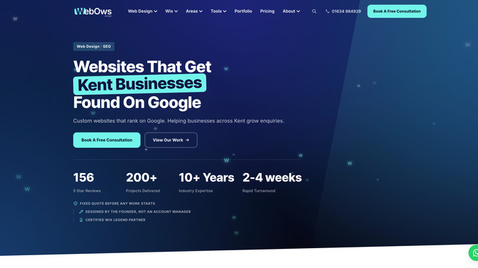 WebOws Design: WebOws Design – Web Design, Branding & SEO Studio | Kent, UK

WebOws Design is a Medway-based studio building custom websites and search strategies for businesses across Kent and beyond. Founded in Gillingham in 2018 and a certified Wix Legend Partner with 143 five-star reviews across Google and the Wix Marketplace, the studio has delivered over 200 projects, from local trades and independent venues to London PR agencies and international e-commerce brands, with a deliberate focus on websites that get found on Google rather than simply looking the part.

What we did:

We designed and built a fully custom, blazing-fast website on Wix Headless, decoupling the content layer from a bespoke front end for complete control over performance and search. The site features a full Kent location network of twenty individually written town pages served from the CMS, a three-tier mega menu grouping every area by region, and a suite of five free interactive tools including an SEO and AEO audit scorer, schema generator, title and meta checker, competitor comparison and keyword ideas engine. Structured data is server-rendered site-wide with breadcrumbs on every page, alongside a hand-built llms.txt and AI crawler permissions for GPTBot, ClaudeBot and PerplexityBot. Rounding it out are a twelve-post SEO blog, a scrolling review carousel pulling real client testimonials, a published accessibility statement with WCAG 2.2 AA compliance, and an accreditations strip linking live Core Web Vitals and Companies House records, resulting in a genuinely fast, accessible, answer-engine-ready site that ranks the studio across the whole county.