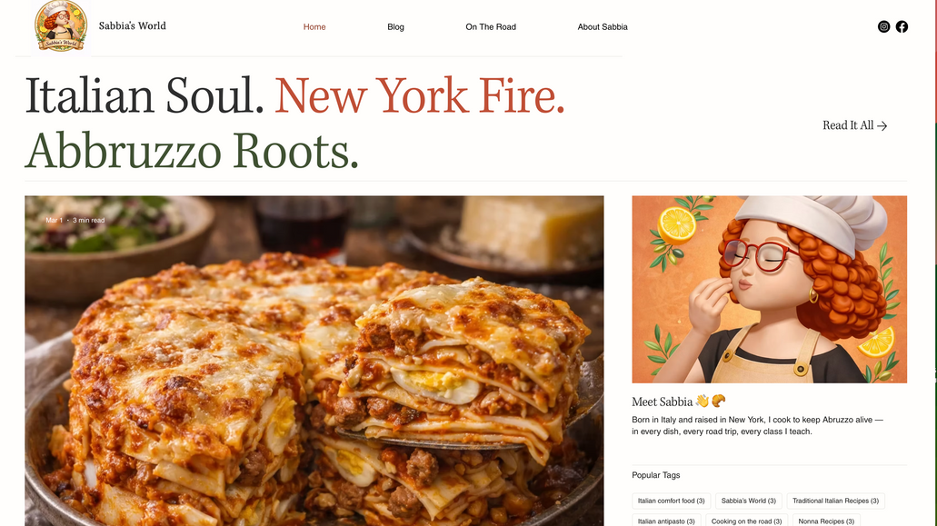 Sabbia's World : Designed and developed a custom Wix Studio website for Sabbia's World, a food and lifestyle brand celebrating authentic Italian cuisine. 

The project included custom website design, branding, SEO, recipe content strategy, copywriting, food photography, image optimization, accessibility enhancements, and mobile optimization. 

The website was created to showcase original recipes, strengthen the brand's online presence, and deliver an engaging user experience across all devices.
