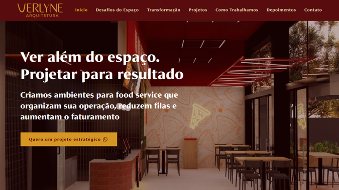 Verlyne Arquitetura: Landing page desenvolvida para a Verlyne Arquitetura, especializada em projetos para food service. O foco foi criar uma comunicação direta e orientada a resultados, destacando como o projeto impacta a operação, organização e faturamento de restaurantes, hamburguerias e pizzarias. Estrutura pensada para conversão, com clareza na proposta de valor e foco nas dores reais do público.