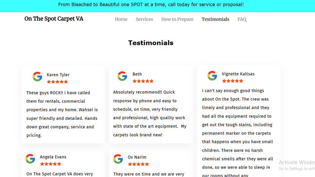 onthespotcarpetva: Transferred the website from Google CMS to Wix, recreated all necessary pages, and improved the mobile layout for better conversions.