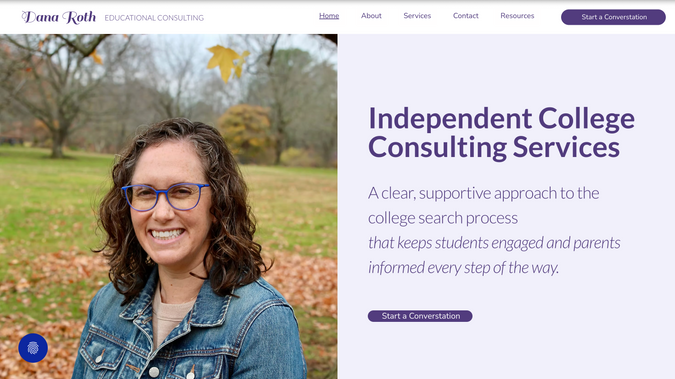 Dana Roth Educational Consulting: Developed a complete brand and website experience for a college consultant, combining thoughtful storytelling, clean design, and strategic UX. From visual identity and photography direction to SEO and site optimization, the final result is a warm, credible, and high-performing website that builds trust and drives inquiries.