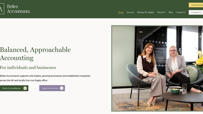 Belles Accountants: New Wix Studio site design that included full branding design and branded photography.