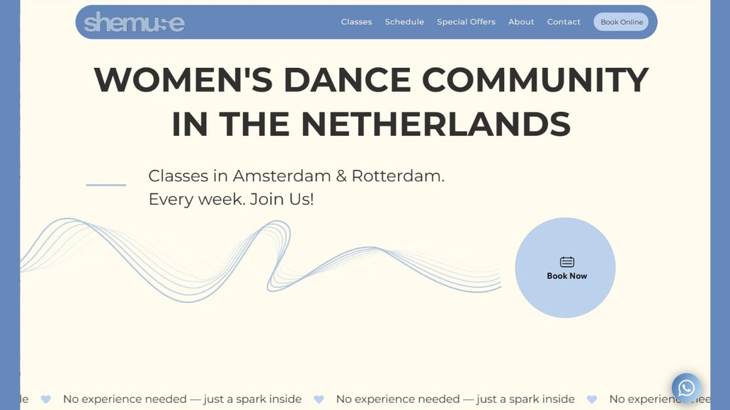 Dance Studio SHEMUSE: Project: Dance Studio SHEMUSE. An advanced website was developed for Dance Studio SHEMUSE based on their brand guidelines. The site features a class schedule, online booking and payment system, and optimized SEO. Automated email notifications were set up, including feedback options and WhatsApp integration.