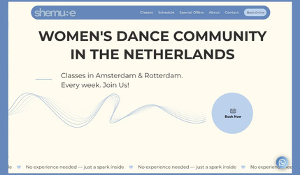 Dance Studio SHEMUSE: Project: Dance Studio SHEMUSE. An advanced website was developed for Dance Studio SHEMUSE based on their brand guidelines. The site features a class schedule, online booking and payment system, and optimized SEO. Automated email notifications were set up, including feedback options and WhatsApp integration.