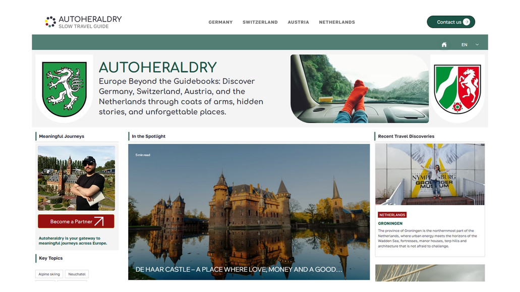 AutoHeraldry - Travel Portal: Custom website design and scalable content architecture for AutoHeraldry, a Netherlands-based Slow Travel portal. Built with a unique brand identity, intuitive navigation for large content, SEO setup, and integrated Google AdSense to support future monetisation.