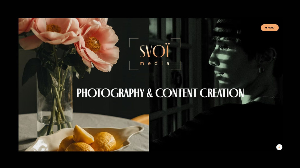 Svoi Media - Creative Studio: Custom portfolio website for creative studio Svoi Media, based in Canada. Built according to brand guidelines with custom web design, SEO setup, lead forms, client testimonials, and password-protected client galleries for secure photo delivery.