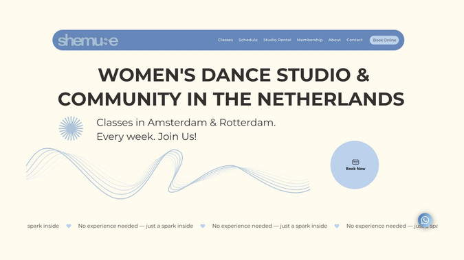 SHEMUSE - Dance Studio & Community: Custom mobile-first website for SHEMUSE dance studio in Amsterdam. Designed to showcase classes, manage online bookings, and process payments seamlessly, supported by full local SEO setup.