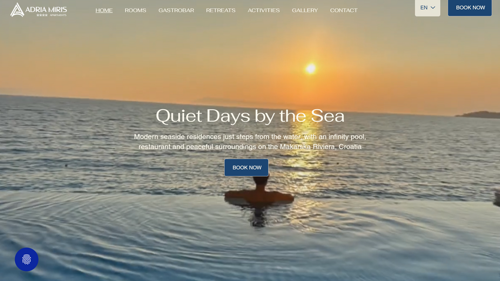 Adria Miris – Luxury Hospitality Website: Adria Miris is a premium hospitality website designed to showcase an exclusive coastal destination through immersive visuals and an elegant user experience. The project combines modern aesthetics with intuitive navigation, allowing visitors to effortlessly explore accommodations, amenities, local attractions, and booking information. Large cinematic imagery, refined typography, and carefully crafted layouts evoke the relaxing atmosphere of the Adriatic coast while reinforcing the brand's premium identity. The responsive website is optimized for all devices, ensuring a seamless browsing experience and encouraging visitors to transform inspiration into reservations.