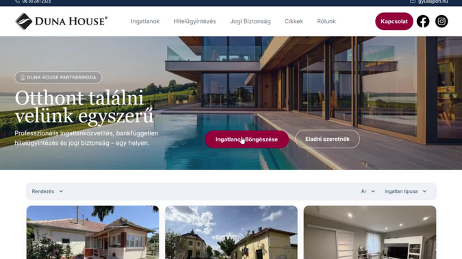 Duna House Gyula: WebCityX designed and built a full-service real estate website for Duna House Gyula, a property brokerage and credit-advisory office in Hungary operating under the Duna House brand. The project covered web design, branding alignment, content structure, and SEO — delivered end to end on Wix Studio.
The site presents property listings alongside the office's four core services — real estate brokerage, credit management, legal security, and property valuation — with conversion-focused lead capture designed to turn visitors into booked consultations. A dedicated legal-security section builds buyer trust around one of the biggest financial decisions people make.
Technically, the site was built to perform: clean semantic structure, structured data, fast load times, and mobile-first responsive design, all optimized to rank in local real estate searches. The result is a professional, trustworthy property website that looks premium and works as a lead engine.