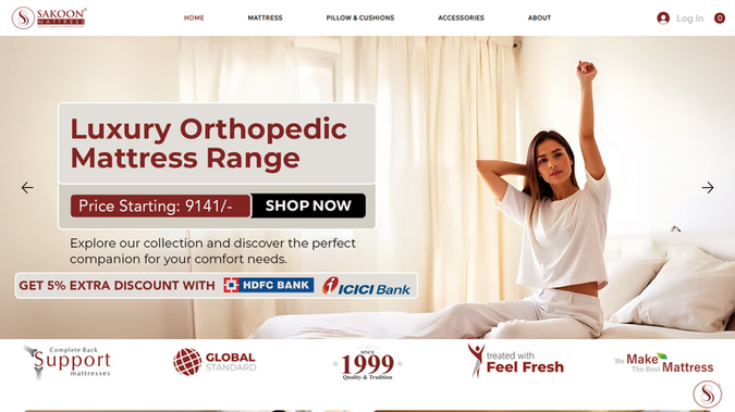 SAKOON MATTRESS: Apna Sakoon is a unique wellness-focused brand that blends the science of ergonomics with the art of comfort. Specializing in orthopedic mattresses, adjustable beds, and wellness sleep solutions, the brand aims to improve the quality of life through better sleep. The name itself — Apna Sakoon — translates to “Our Peace”, which became the central philosophy behind the digital experience.

FineShape Works was tasked with designing and developing the brand’s full eCommerce presence — delivering a sleek, informative, and conversion-focused website that reflects the calm, care, and credibility that Apna Sakoon stands for.