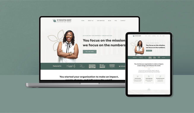 Visionary Accounting Group: Purpose: To refresh the company to have a more soft, neutral brand prior to building a new website to provide information on available services and company information. The purpose of the website is to connect nonprofit organizations with the resources best suited for their needs, as well as information on the accounting processes to ease general concerns related to nonprofit organizations.
