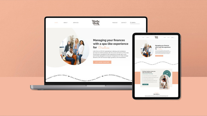 Little Fish Accounting: Purpose: To elevate the Little Fish visual brand and develop a custom website with a sophisticated look. The website guides visitors through a funnel that leads them to the services that will best fit their needs, even if they aren’t ready for a partnership, using a "Start", "Build", "Grow" framework.