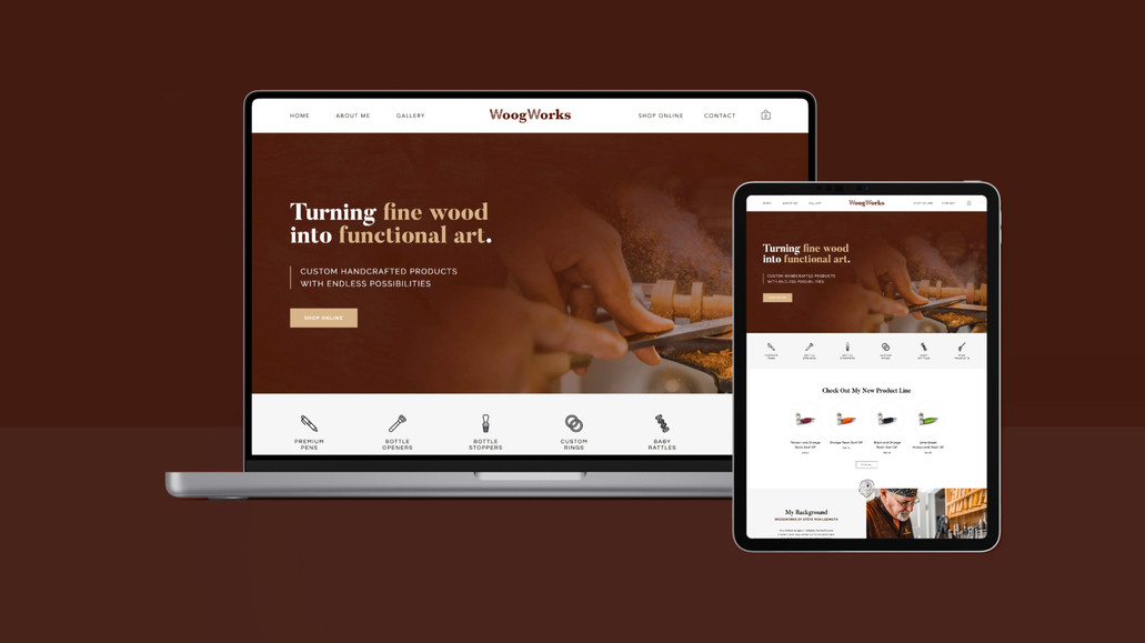 WoogWorks: Purpose: To launch a clean website that showcases the owner's personality to highlight specific product lines and allow clients to purchase directly through the website or schedule a call to purchase custom products.