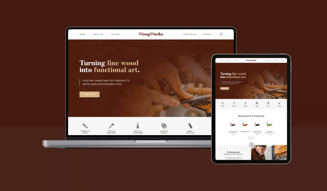 WoogWorks: Purpose: To launch a clean website that showcases the owner's personality to highlight specific product lines and allow clients to purchase directly through the website or schedule a call to purchase custom products.