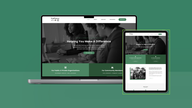 EmPower All: Purpose: To design a professional brand identity and custom website with a modern, minimal look, targeting professional/ government organizations, as well the local community. EmPower All works closely and successfully in disenfranchised communities afflicted by economic barriers and violence, so it is important to build trust with their target audience through a brand built for the community, by the community.