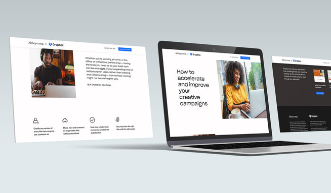 Abbeycomp+Dropbox: We created a campaign landing page for Abbeycomp, a London-based Apple specialist IT provider working in partnership with Dropbox. The fully responsive landing page provided designers with access to a dropbox toolkit and had to work within the Dropbox brand guidelines.