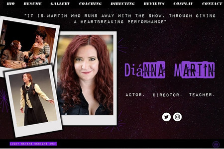 Diánna Martin. Actor. Director. Teacher.: Dianna wanted a site that showed off her work, her teaching and directing, and connected her love as a professional Star wars cosplay artist. That meant using her purple lightsaber color and a subtle space theme to make her site pop but also show off her personality.  I also went with vintage and punk rock fonts and 70s fonts to show off her brand and style.